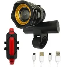 Kit NIPARTE Lanterna Farol Bike LED T6 c/Zoom Metálico e Sinalizador Regarregável USB