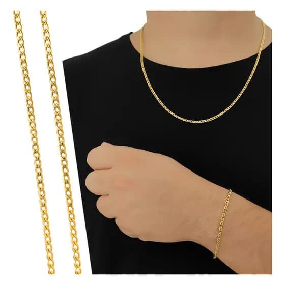 Conjunto Corrente Masculino + Pulseira Aço Inox Banhado Ouro