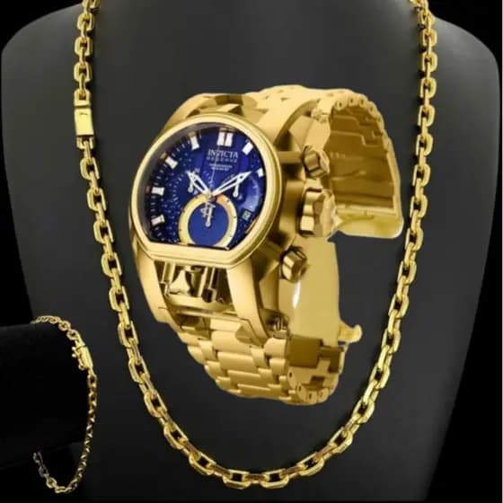 kit relógio masculino  Zeus hybrid dourado azul preto corrente e pulseira