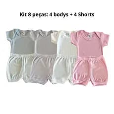 kit 8 peças body bebê + shortinho infantil para bebe menino e menina + bory manga curta canelado