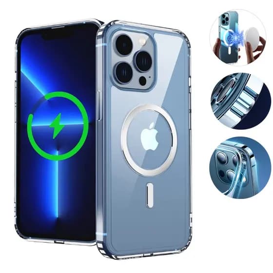 Capa Magnética Para iPhone 14 Plus 13 12 Mini 11 Pro Max XR XS Carregamento Sem Fio Magsafe Estojo Transparente