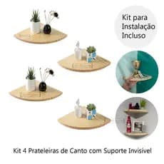 Kit 4 Prateleiras de Canto Madeira Pinus Cantoneira Parede Decorativa com Suporte Invisível Livros