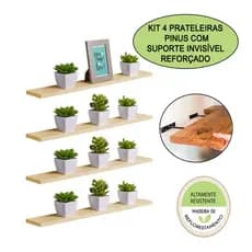 Kit 4 Prateleiras Pinus com Suporte Invisível Resistente 80cm e 100cm Decoração
