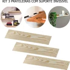 Kit 3 Prateleiras Madeira Pinus + Suporte Invisível Reforçado 80X15cm e 100X15cm Estante Rack Decoração