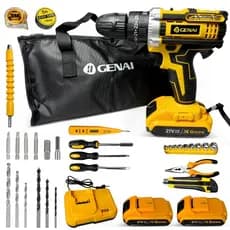 Kit Parafusadeira Furadeira 21V GENAI 5.0Ah 2 Velocidades LED 2 Baterias + 21 Acessórios