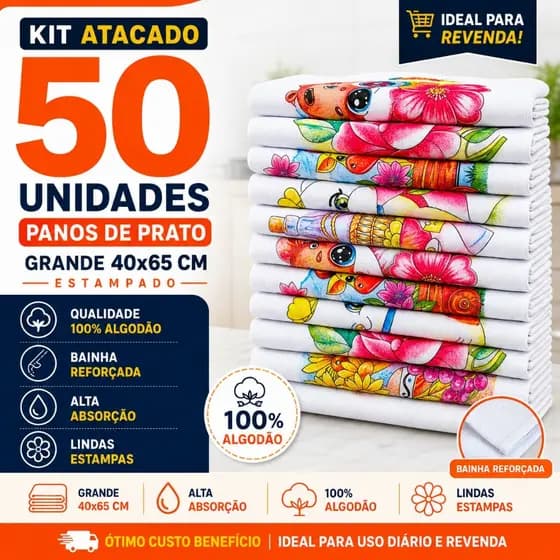 PANO DE PRATO ATACADO ESTAMPADO GRANDE 40X65 CM 50 UNIDADES