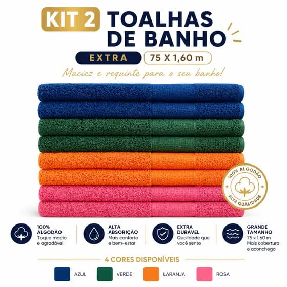TOALHA BANHÃO POP TOQUE DE ALGODÃO MEDIDA  75 X 1,60 M KIT COM 02 PEÇAS