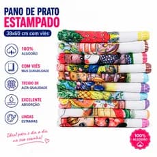 PANO DE PRATO ESTAMPADO COM VIÉS 38X60 CM KIT 10 UNIDADES