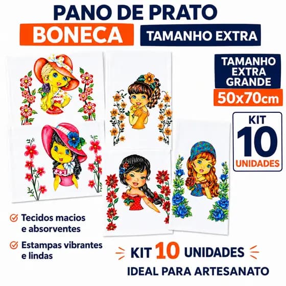 PANO DE PRATO BONECA TAMANHO EXTRA 70X50CM KIT 10 UNIDADES