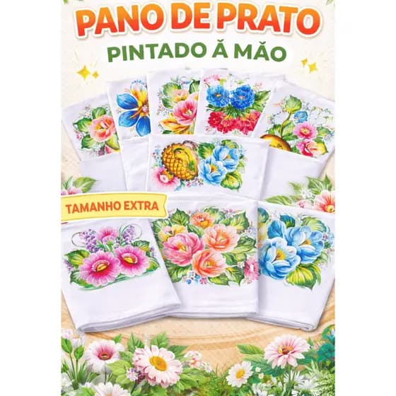 PANO DE PRATO PINTADO Á MÃO EXTRA 50X70CM KIT 5 UNIDADES