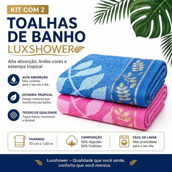 KIT 2 TOALHAS DE BANHO LUXSHOWER 0,70X1,40m CORES VARIADAS