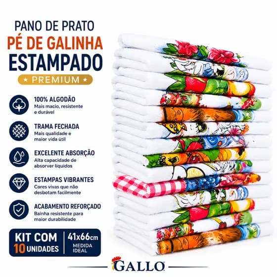 PANO DE PRATO PÉ DE GALINHA GALLO PREMIUM 41X66 CM ESTAMPADO