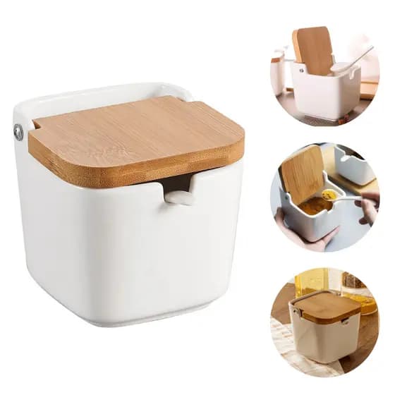 Saleiro De Mesa Com Colher Cerâmica Tampa De Bambu Temperos