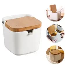 Saleiro De Mesa Com Colher Cerâmica Tampa De Bambu Temperos