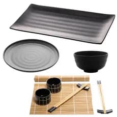 Conjunto Sushi Naka Completo Travessa Prato e Bowl de Melanina Preto