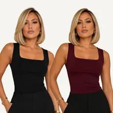 KIT 2 Blusas Regatas Femininas Decote Reto  Quadrado Forro duplo Suplex Alça larga Estilosa Elegante Estilosa