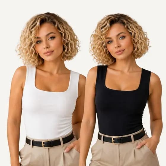KIT 2 Blusas Regatas Femininas Decote Quadrado  Gola  Reta  Forro duplo Suplex Alça larga Estilosa Lançamento Verão Top