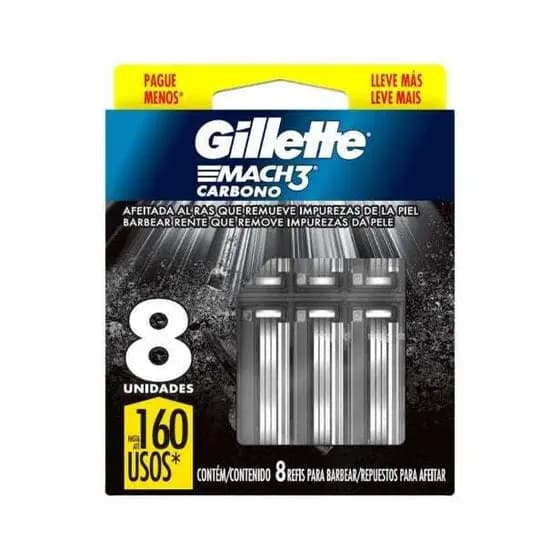 Refils Para Barbear Mach3 Carbono Carga Para Aparelho De Barbear Com Carvão Ativado 8 Unidades Gillette