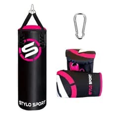 Saco De Boxe Pancada 90x100 Stylo Sport  + 1 Par Luva Preto Com Rosa