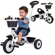 Triciclo Infantil com Empurrador Apoiador Removível e Pedal Cestinha Dupla até 30kg 2 Anos+ Passeio
