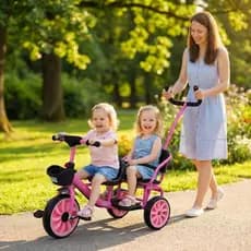 Triciclo Duplo Infantil 2 Lugares Empurrador Carrinho Bicicleta Passeio Cesto Campainha Haste Guia