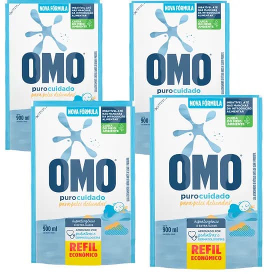 kit 4 Sabao Liquido  Pó Omo Puro Cuidado 900 Ml Cada