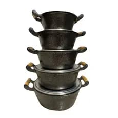 Jogo de Panelas de Aluminio Preta Craqueada, Abaulado, 05 Panelas, com Pomel de Baquelite