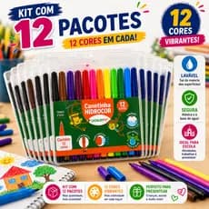 Canetinha Hidrocor 12 Cores Lavável Kit com 12 Pacotes Ponta Firme Escolar Infantil