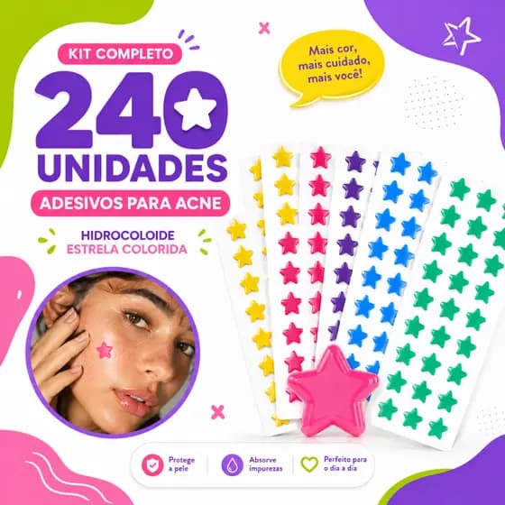 Kit Adesivo Seca Espinha Formato de Estrela Anti‑acne  Proteção Dia e Noite Secativo Inflamada