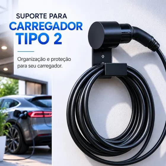 Suporte Universal Carregador Carro Elétrico Tipo 2 Wallbox Organizador Cabo Premium Parede