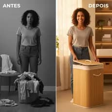 Cesto de Roupa Suja Bambu 70 Litros Com Tampa e Forro Organizador Quartos Banheiros Lavanderia Closets Dobrável Premium