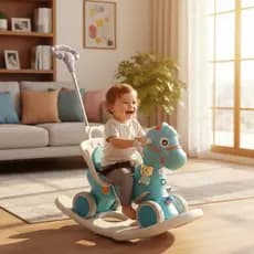 Cavalinho Infantil 3 Em 1 Balanço Andador Carrinho Empurrador Azul Suporta 25kg Seguro Com Luz E Sons Registro Inmetro