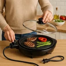 Grill Elétrico Redondo Premium com Termostato 127V - Preta Panela elétrica Churrasqueira elétrica