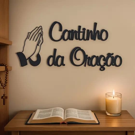 Decoração Cantinho da Oração MDF Preto 3mm Autocolante Parede Frase Religiosa Decorativa