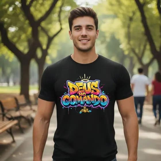 Camiseta Deus no Comando Graffiti – Moda Cristã Streetwear Gospel Unissex Premium