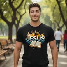 Camiseta Cristã Jesus com Bíblia e Coroa – Estampa Gospel Premium Unissex Fé e Propósito
