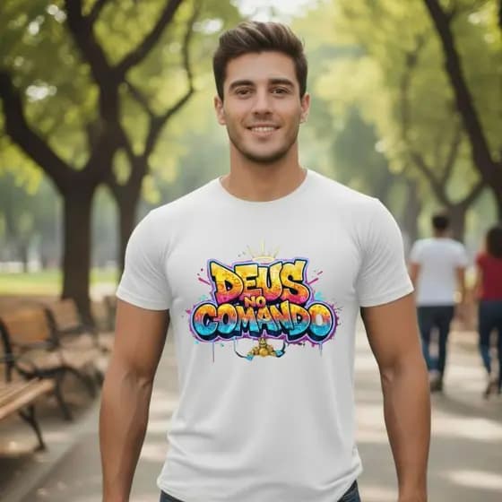 Camiseta Gospel Deus no Comando – Estampa Graffiti Colorida Premium Look Cristão
