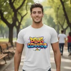 Camiseta Gospel Deus no Comando – Estampa Graffiti Colorida Premium Look Cristão