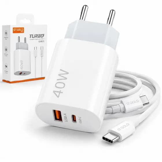 Carregador Turbo 40W USB-A + USB-C com Cabo Tipo C 1 Metro AGOLD Pro para Celular Android