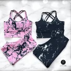 Kit 2 Conjuntos Top Bojo Removível Shorts Cintura Alta Roupa Academia Marmoriado Tie Dye Fitness Cic