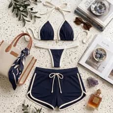 Conjunto Shorts Saida de Praia + Biquini Fita Bicolor Cortininha Pingente Coqueiro Moda Praia