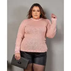 Blusa Plus Size Feminina Gola Redonda Lisa Poá Tricot Bolinhas