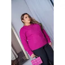 Blusa Tricot Plus Size Duas Tranças Aran Manga Longa Gola Redonda