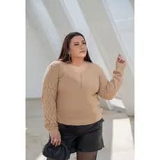Blusa Tricot Plus Size Feminina Gola V Rendada Manga Longa