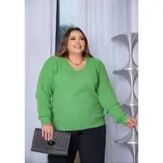 Blusa Tricot Plus Size Basica Decote V Trabalhada Ponto Pipoca