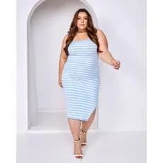 Vestido Midi Plus Size Tomara Que Caia de Tricot Canelado Modal Listrado