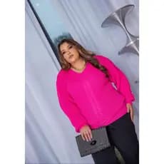 Blusa Tricot Plus Size Basica Decote V Duas Tranças Ponto Fang