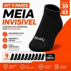 Kit 9 pares Meia Invisivel Hoahi Preta Algodao Cano Curto Unissex Macia Conforto