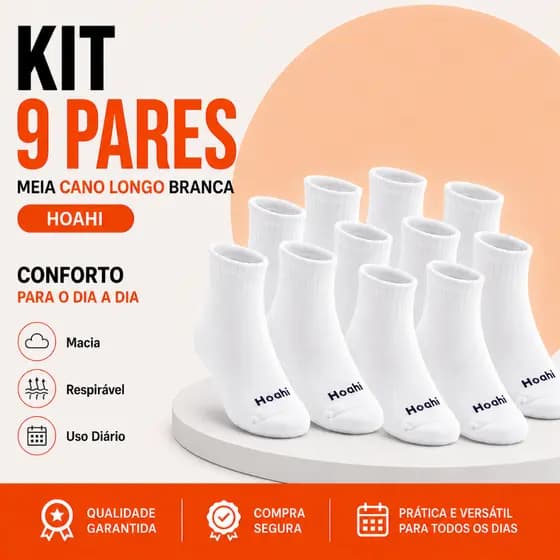Kit 9 Pares Meias Hoahi Original Cano Longo Algodao Atoalhada Premium Academia Unissex