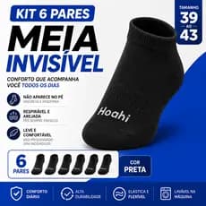 Kit 6 Pares Meia Invisível Hoahi Preta Soquete Sapatilha Algodão Unissex Cano Curto Premium